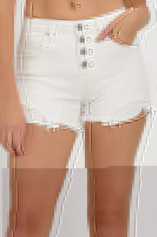 White Button Fly Mid Rise Shorts